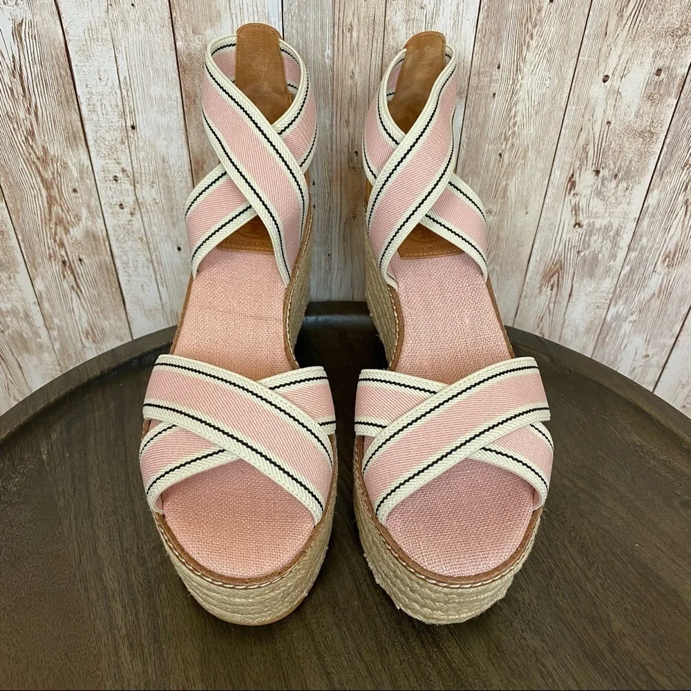 Tory Burch Frieda Espadrille Wedge Sandal‎ Blush Stripe/Tan Size 9.5 Women